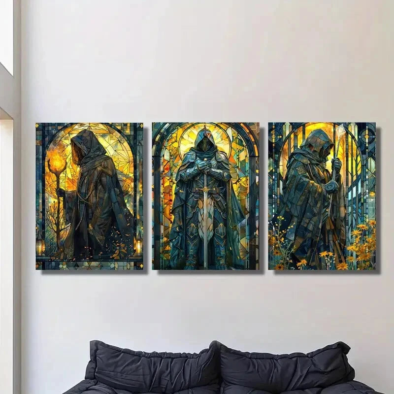 3-Piece Fantasy Paladin Warrior Metal Wall Art Prints - Ready to Hang Medieval Knight Decor for Living Room, Bedroom & Gaming Room