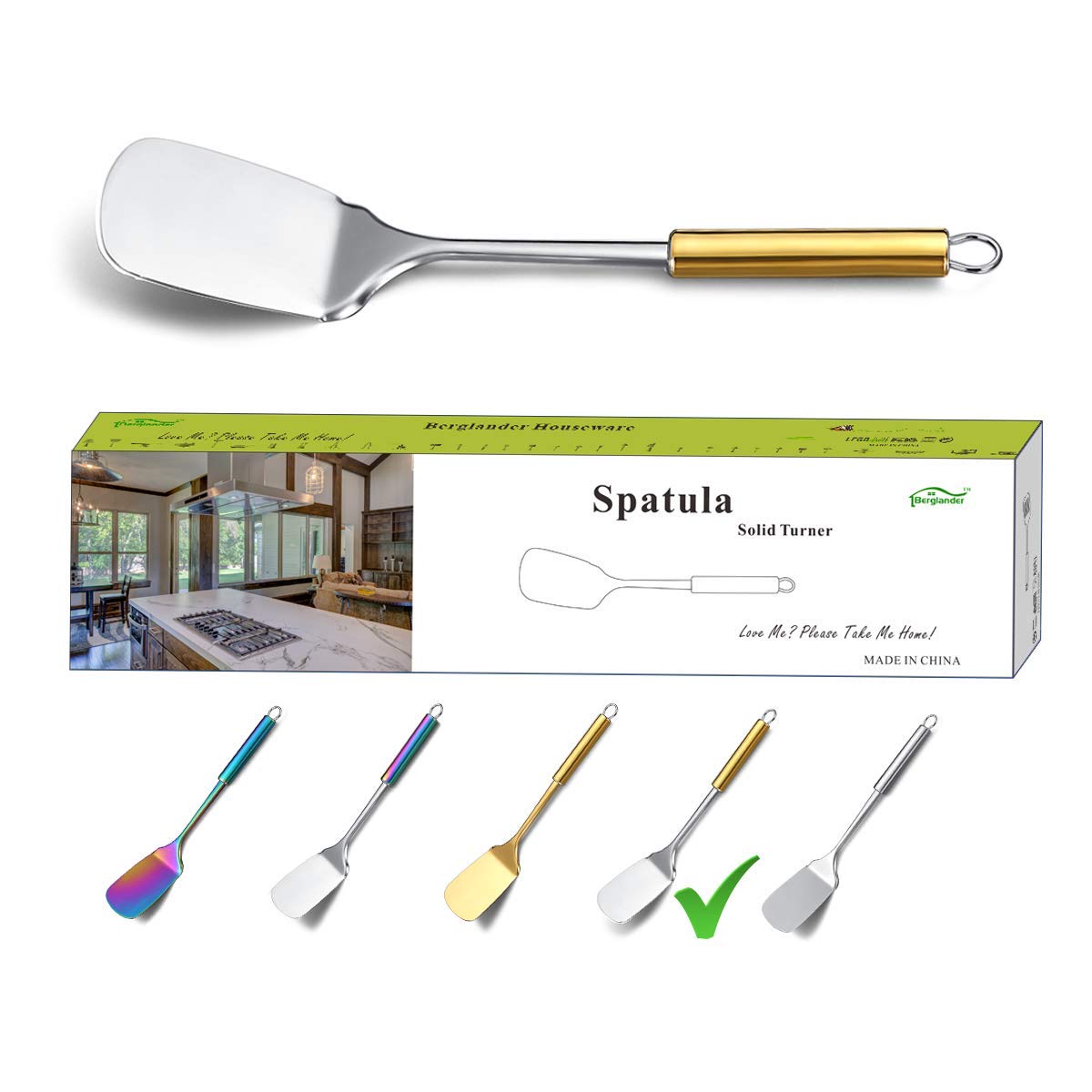 Premium Stainless Steel Spatula with Gold Handle - Titanium Plated Solid Turner for Cooking, Flipping, BBQ & Fish - Durable Kitchen Utensil for Grilling, Frying & Baking (Gold Handle)