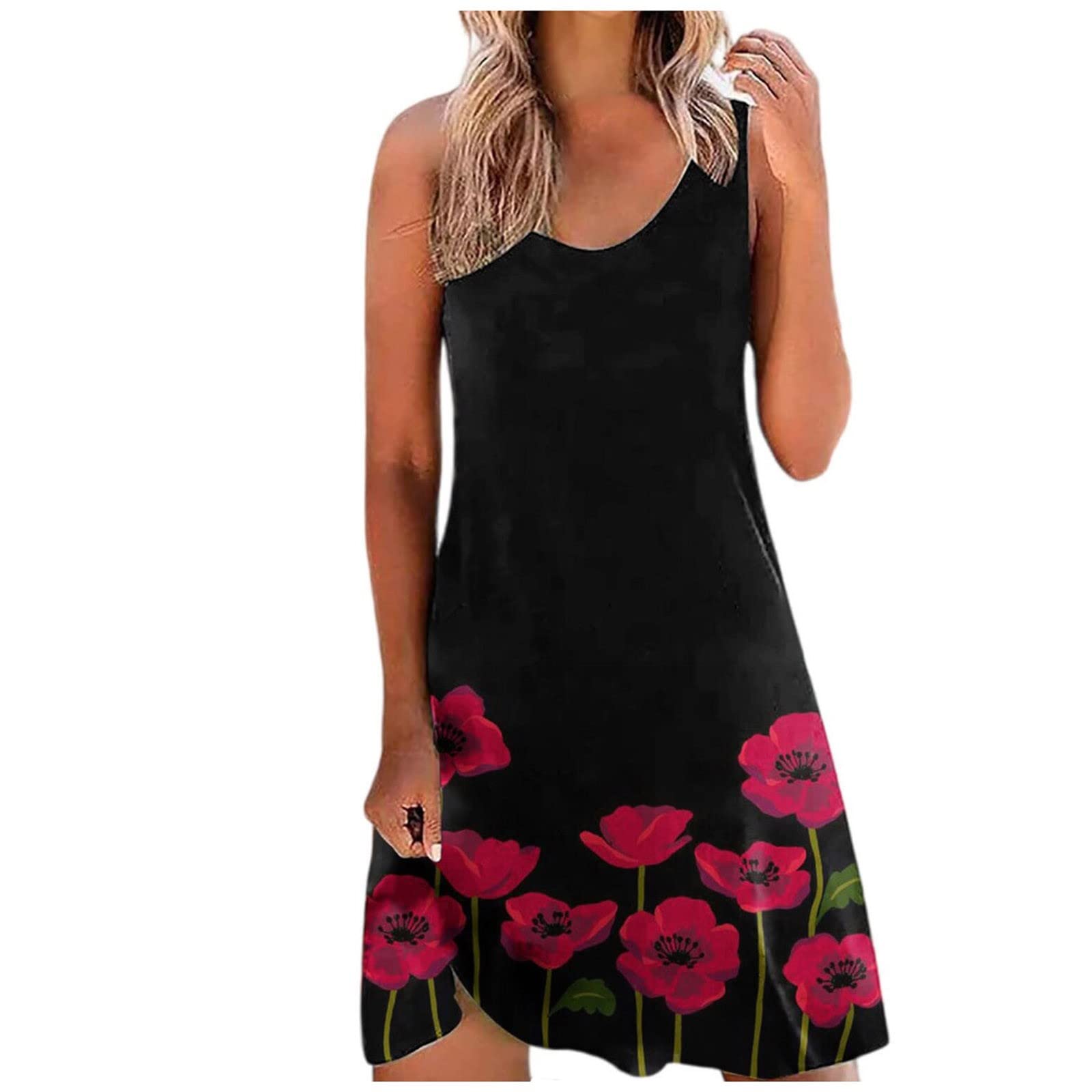 Women's Floral Printed Beach Sundress - Round Neck Sleeveless Casual Loose Tank Dress Long Pink Slip Dress for Summer Vacation, Pool Party & Tropical Getaway