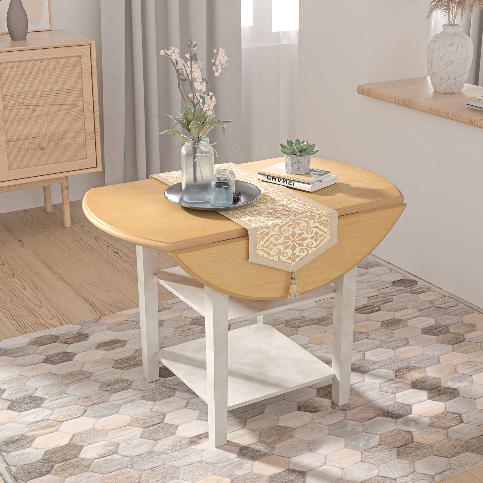TENNTOU Compact Drop Leaf Kitchen Dining Table with 2-Tier Storage Shelf, Extendable Space-Saving Design for Small Apartments, Breakfast Nooks, and Cozy Dining Rooms
