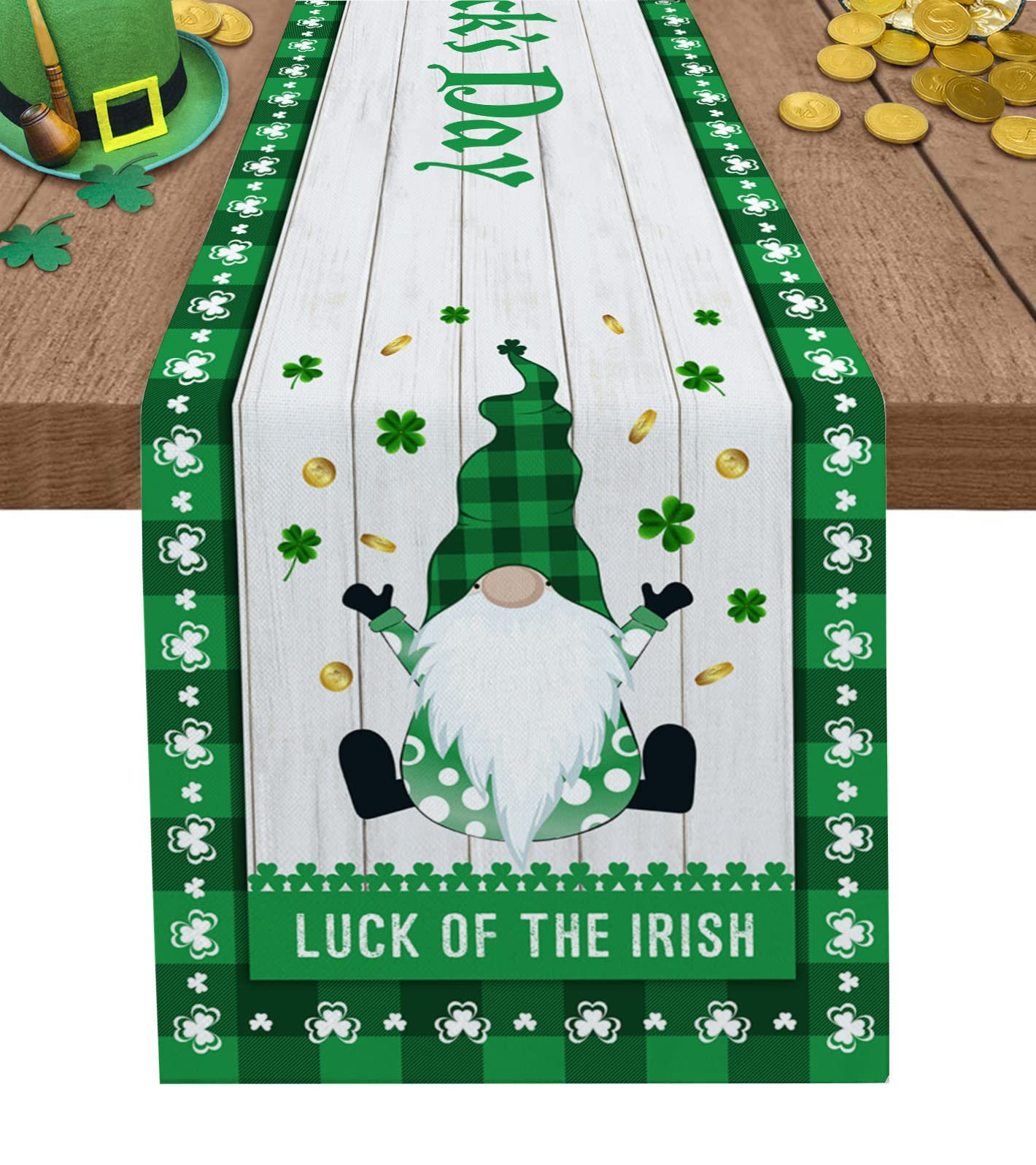 Green Plaid Table Runner 120 Inches Long - St. Patrick's Day Decor with Shamrock & Wood Grain Texture - Cotton Linen Dining Table Runner for Kitchen, Holiday, Wedding & Party Decorations - Perfect for Dining Room Tables, Buffet Servings, and Festive Celebrations