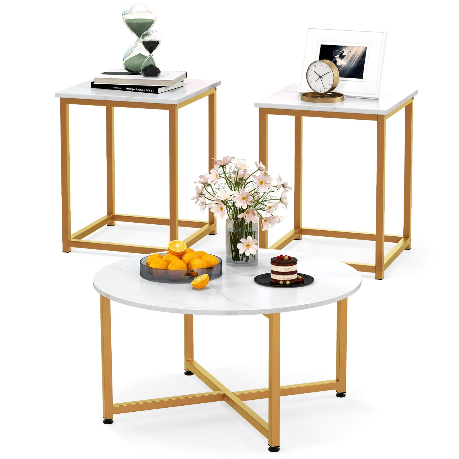COSTWAY 3-Piece Coffee Table Set - Round Faux Marble Coffee Table & 2 Square End Tables with Sturdy Metal Frame, Modern Living Room Furniture for Small Spaces & Apartments (White & Gold) | Perfect for Compact Living Rooms, Studio Apartments & Cozy Home Decor