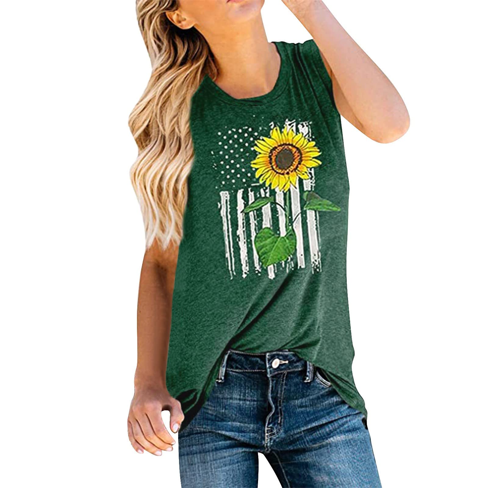 Women's American Flag Patriotic Tank Top - 4th of July Graphic T-Shirt (Green, XXL) | Perfect for Independence Day Celebrations, Summer Outfits & Casual Wear