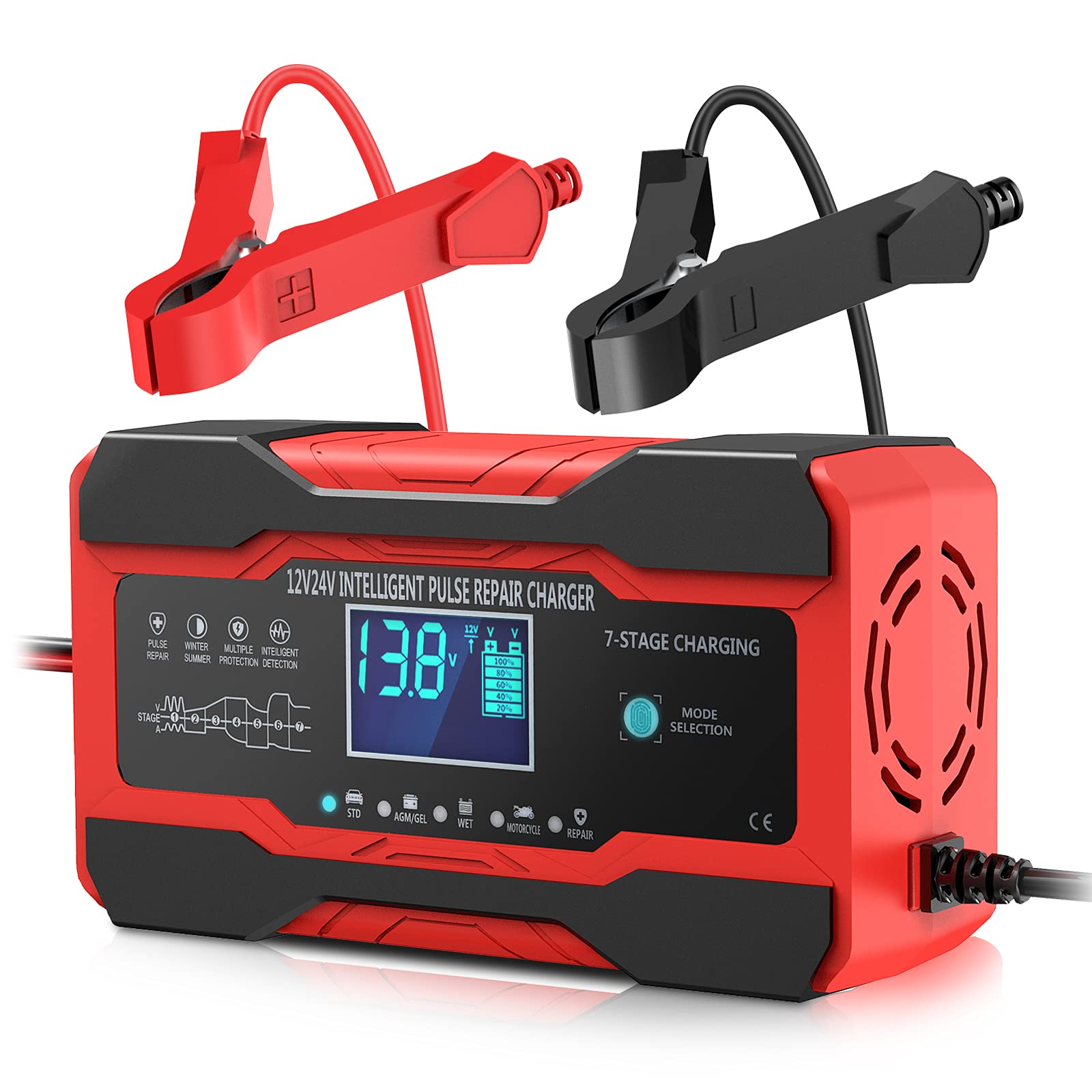 YONHAN 10-Amp 12V/24V Fully Automatic Smart Car Battery Charger - Battery Maintainer, Trickle Charger & Desulfator with Temperature Compensation - Perfect for Cars, Trucks, Motorcycles, Boats & RV Batteries