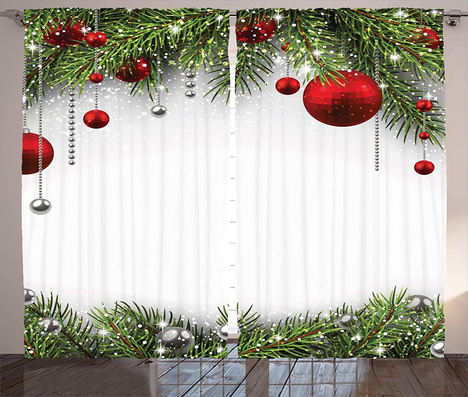 YUANCHENG Christmas Curtains - Festive Pine Leaves & Ball Design Holiday Window Panels for Bedroom & Living Room - Perfect for Christmas Decorations & Seasonal Home Decor