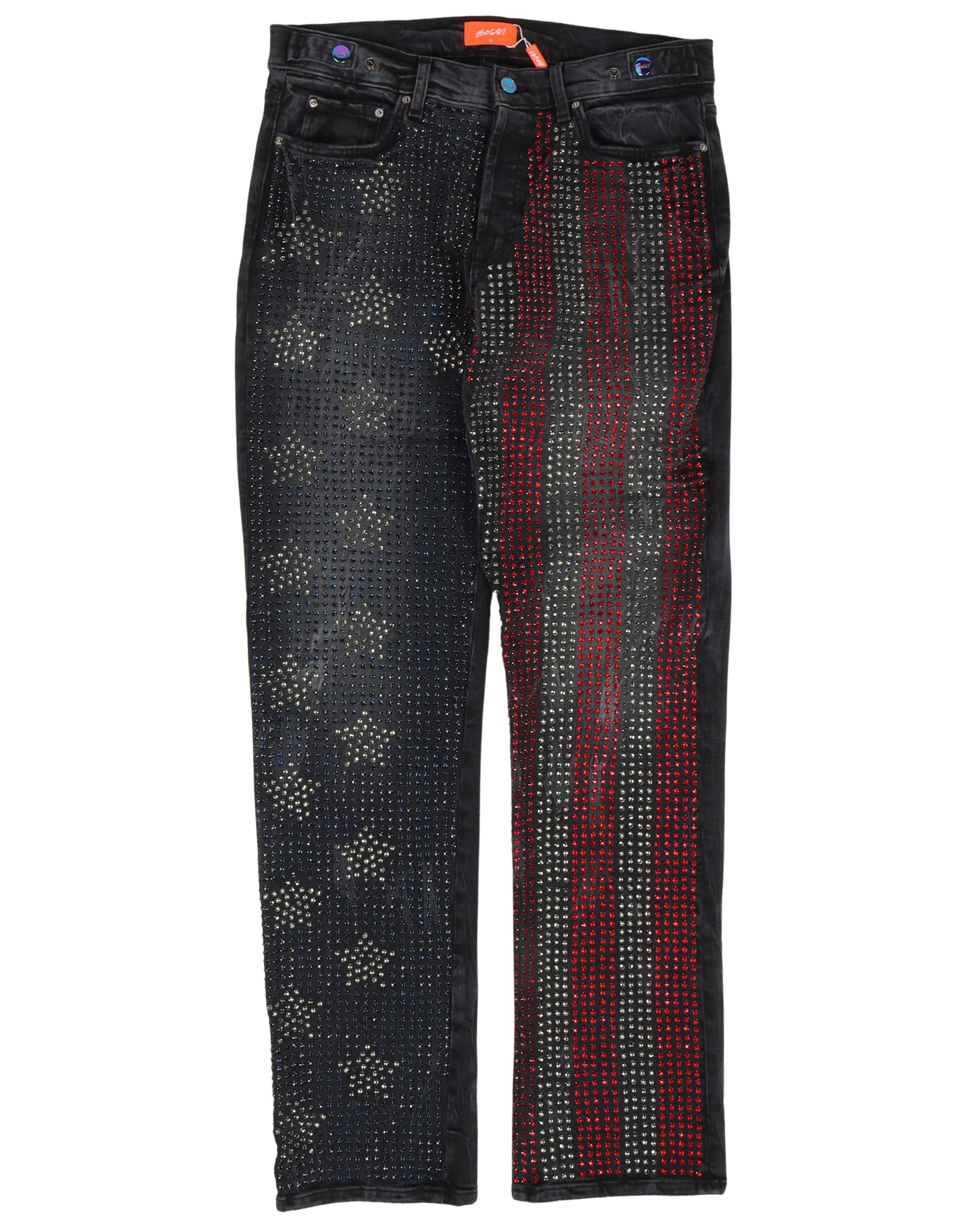 1 of 1 USA Flag Rhinestone Jeans - Patriotic Distressed Denim Pants with Crystal Embellishments | Perfect for 4th of July, Concerts & American Pride Events