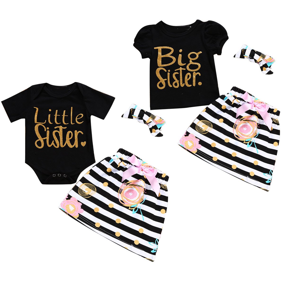 Big Sister Little Sister Matching Outfits - 3Pcs Baby Girl Clothes Set with Short Sleeve Top, Romper & Headband | Cute Sibling Coordinating Outfits for Family Photos & Special Occasions