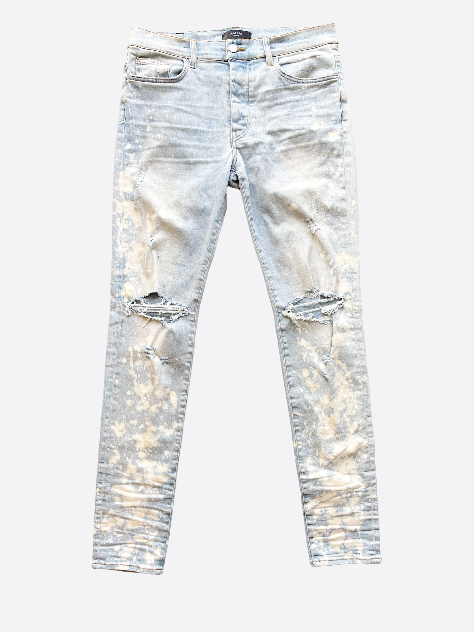 Amiri Distressed Bleach Splatter Denim Jeans for Men - Vintage Washed Slim Fit Ripped Designer Jeans - Perfect for Streetwear & Casual Outfits