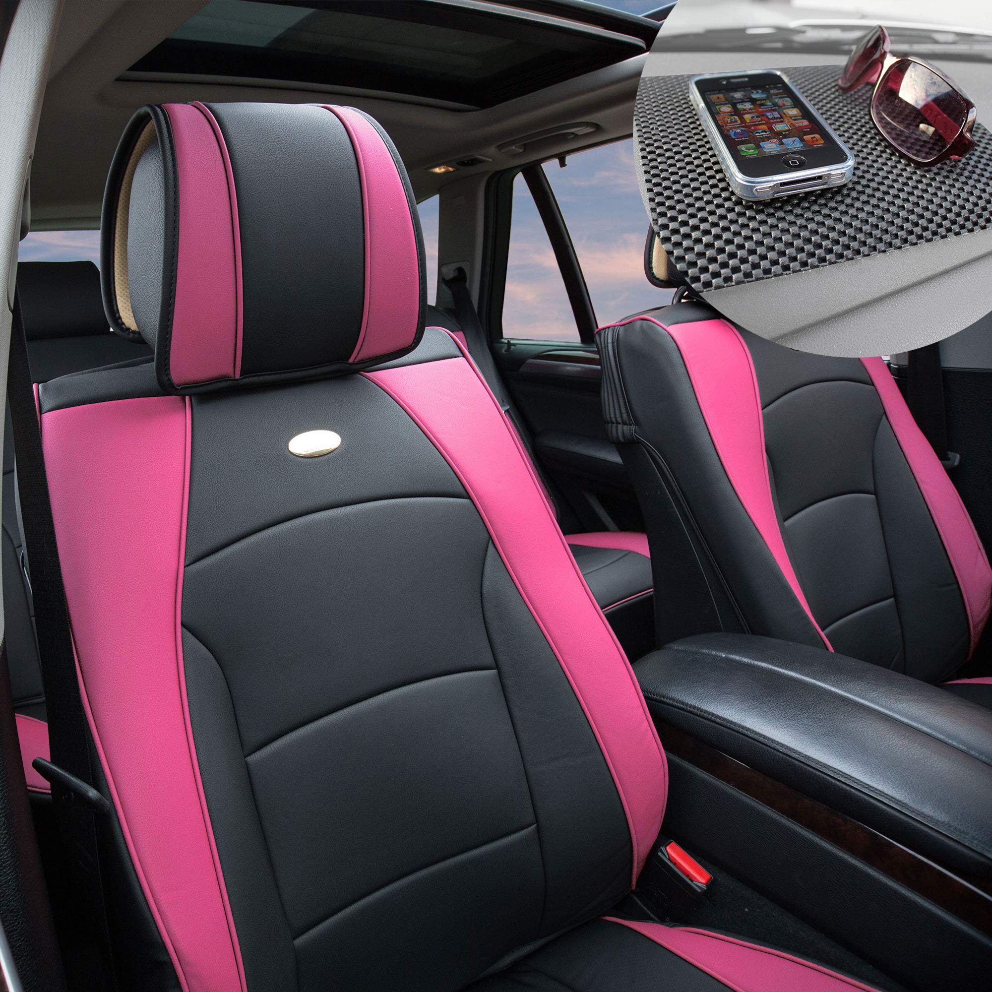TLH Ultra Comfort Leatherette Seat Cushion - Pink & Black Non-Slip Car Seat Cover with Waterproof Dash Mat | Universal Fit for Cars, Trucks & SUVs | Perfect for Road Trips & Daily Commuting