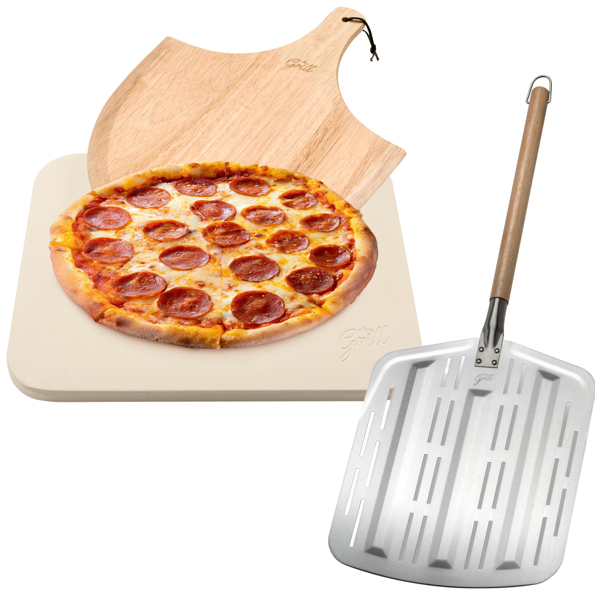 HANS GRILL Professional 15x12 Inch Rectangular Pizza Stone for Oven Baking & BBQ Grilling - Extra Large Pizza Stone with Peel - Restaurant Grade Baking Stone for Homemade Pizza, Bread & Desserts - Perfect for Outdoor Cooking & Backyard Parties