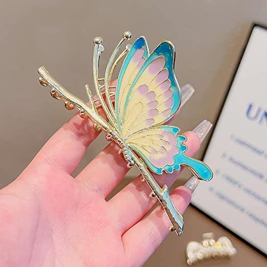Butterfly Hair Clips for Women - Large Non-Slip Metal Hair Claw Clips in Blue & Gold - Hair Accessories for Thick & Medium Long Hair - Perfect for Parties, Weddings & Everyday Styling