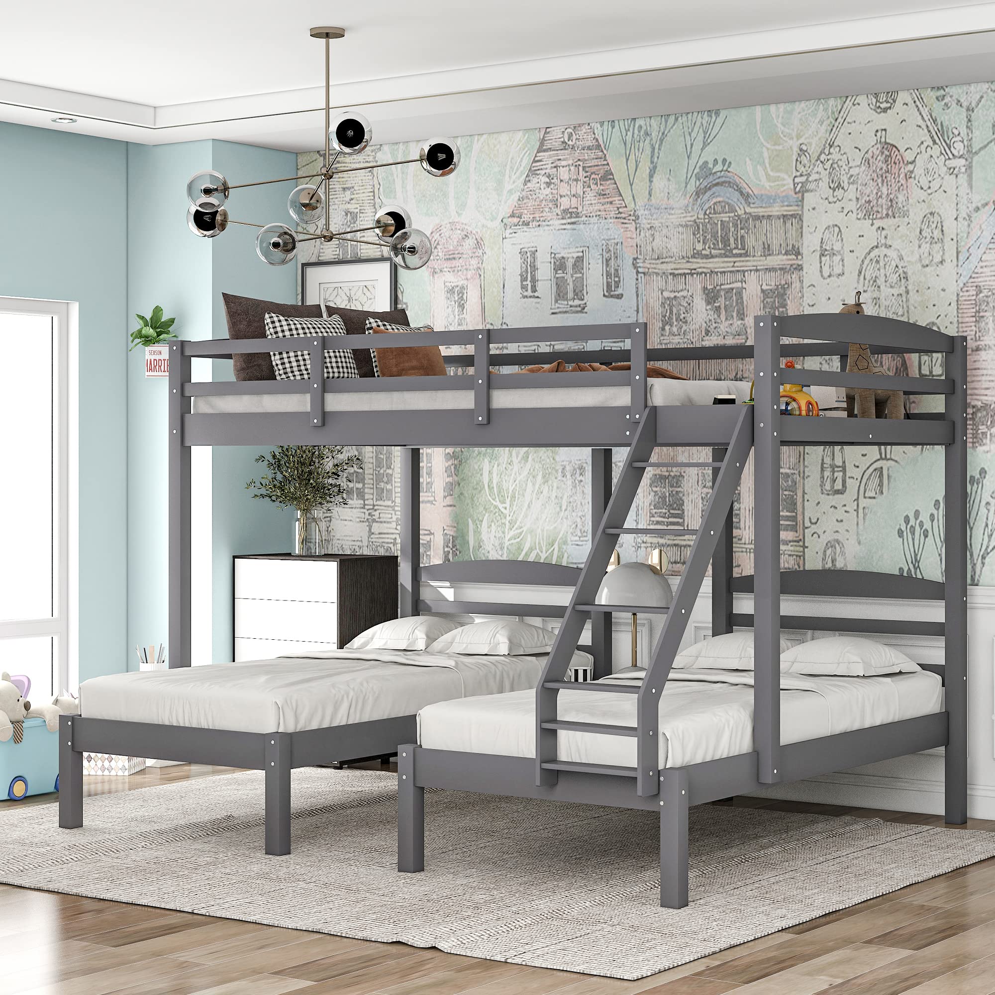 Triple Bunk Bed with Drawers - Full Over Twin Wood Frame for Kids & Adults - Home & Dorm Use