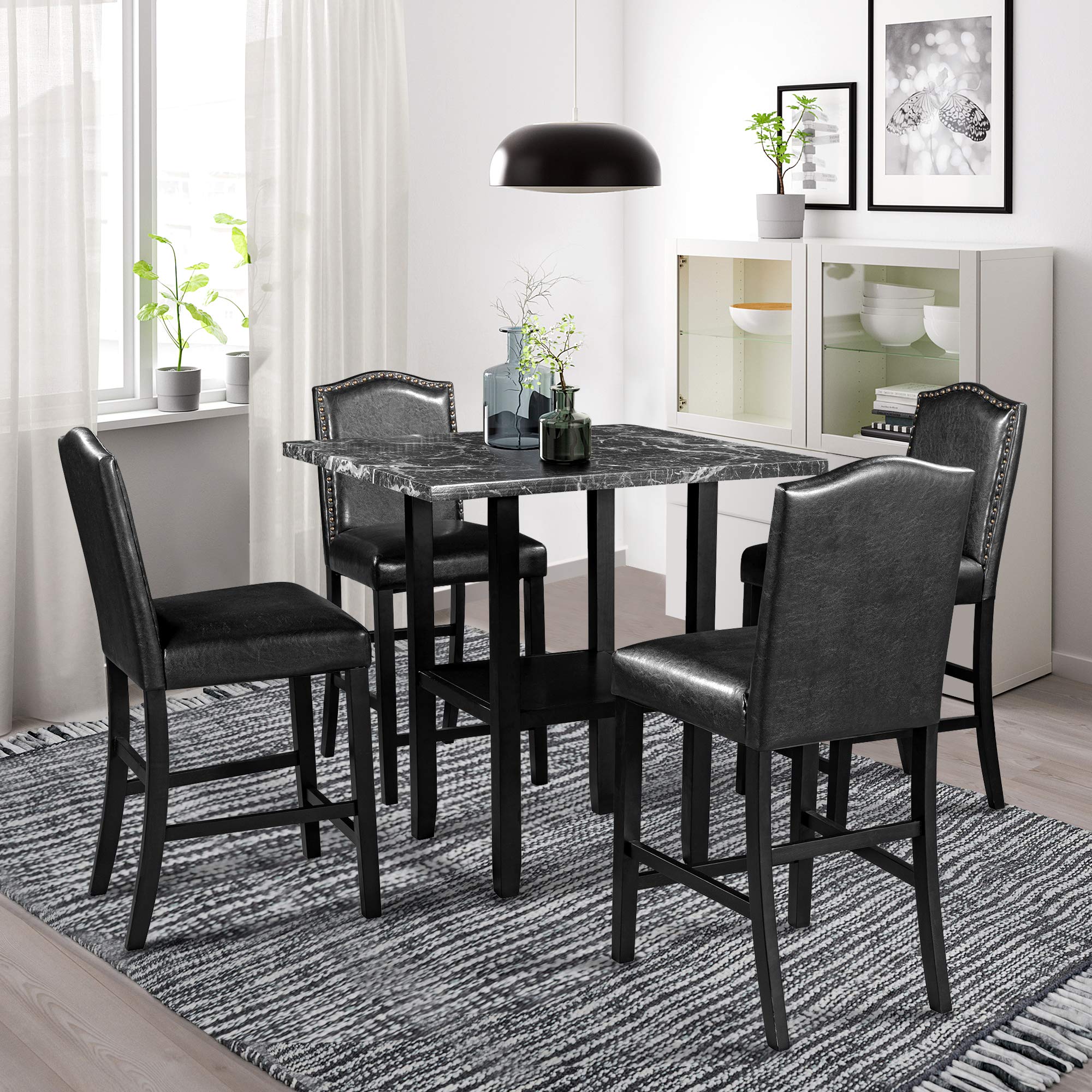 Rockjame 5-Piece Black Dining Table Set with Matching Chairs & Bottom Shelf, Kitchen Table and Chairs for Dining Room, Kitchen Area, Perfect for Small Spaces and Family Gatherings