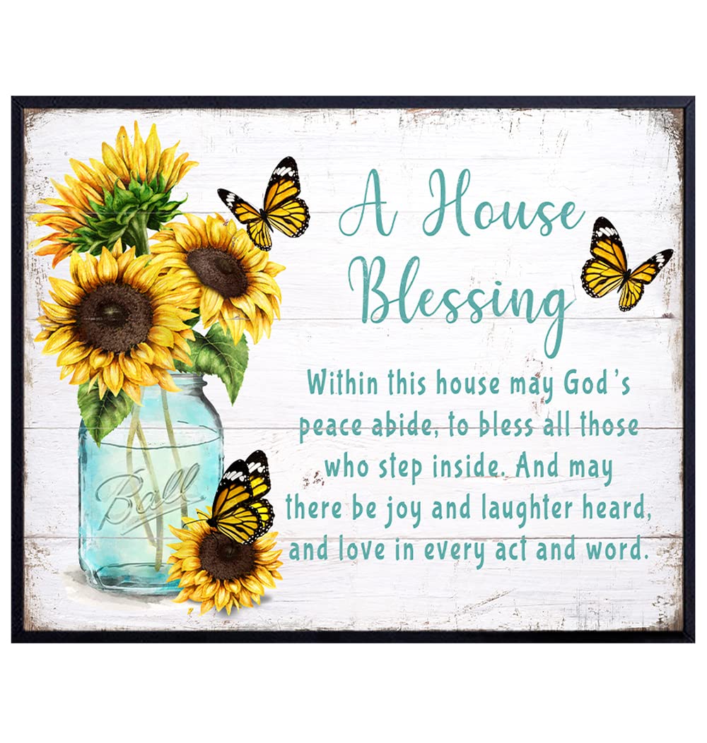 Christian House Blessing Gifts for Women - Religious Housewarming Wall Art with Sunflower & Butterfly Design - Rustic Country Bible Verse Decor - Inspirational Home Decor for Living Room, Bedroom & Office