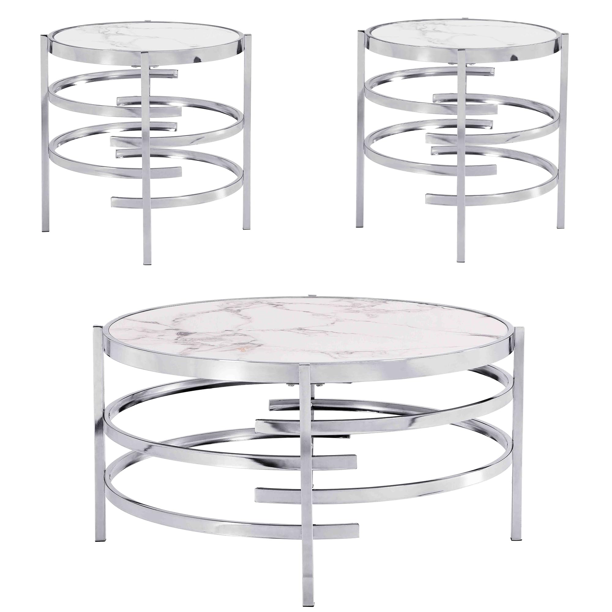 Modern Round Coffee Table & End Table Set of 3 - Silver Chrome Metal Frame with Marble Top - Living Room Furniture for Home & Office - Perfect for Small Spaces, Apartments & Lounge Areas