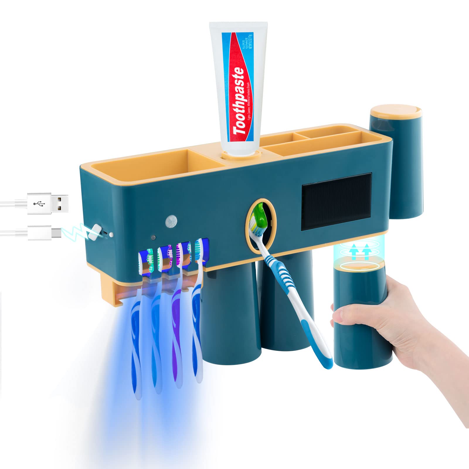 UV Toothbrush Holder Wall Mounted with Toothpaste Dispenser - Bathroom Organizer for Electric Toothbrushes, Mirror Hanging Sanitizer with UVC LED Light - No Drill Installation, Includes 4 Suction Cup Holders - Perfect for Small Bathrooms, Vanity Organization & Travel Storage