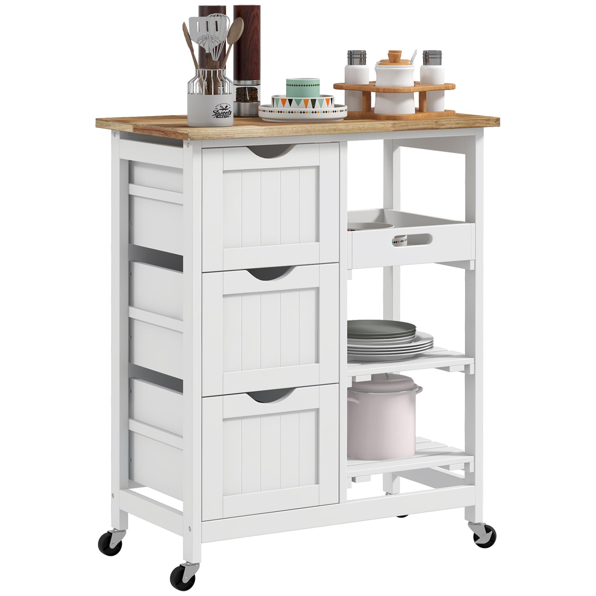HOMCOM White Rolling Kitchen Island Cart with Wood Top - Mobile Bar Serving Cart with Shelves & Drawers, Compact Trolley for Small Spaces - Perfect for Dining Room, Kitchen Organization & Entertaining Guests