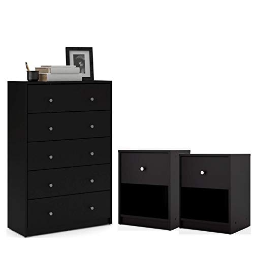 Home Square 3-Piece Bedroom Set - Black 5-Drawer Dresser & 2 Nightstands | Modern Bedroom Furniture for Master & Guest Rooms