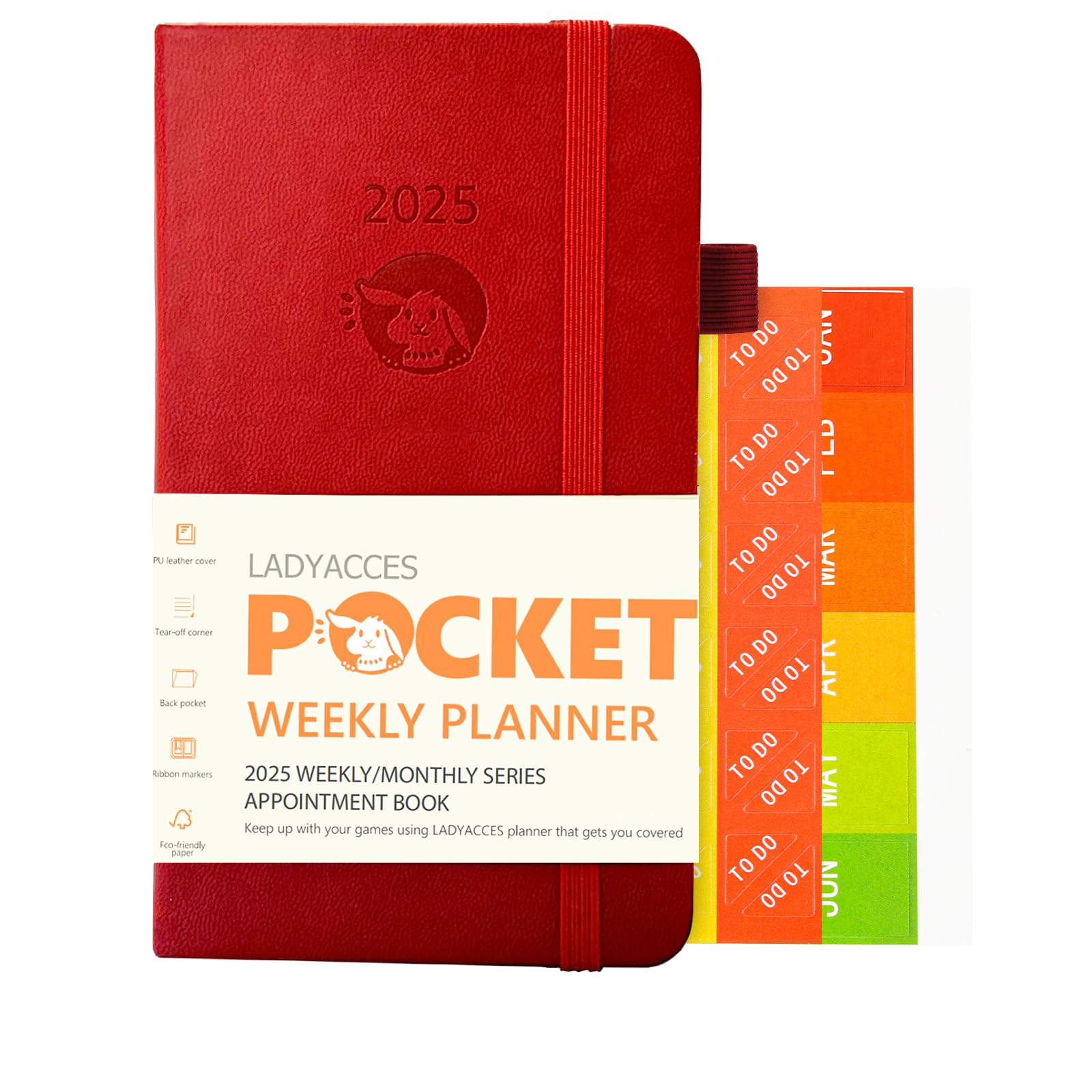 LADYACCES 2025 Pocket Calendar - Weekly & Monthly Planner with Vegan Leather Cover, Elastic Closure, Inner Pocket - 3.5
