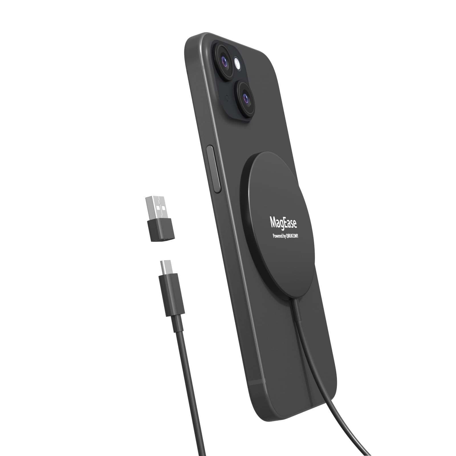 MagEase 15W Magnetic Wireless Charger for iPhone 15/14/13/12 Series & AirPods 3/2/Pro | Fast Charging Pad with USB-C Cable & USB-A Adapter (Black) | Perfect for Home, Office & Travel Use