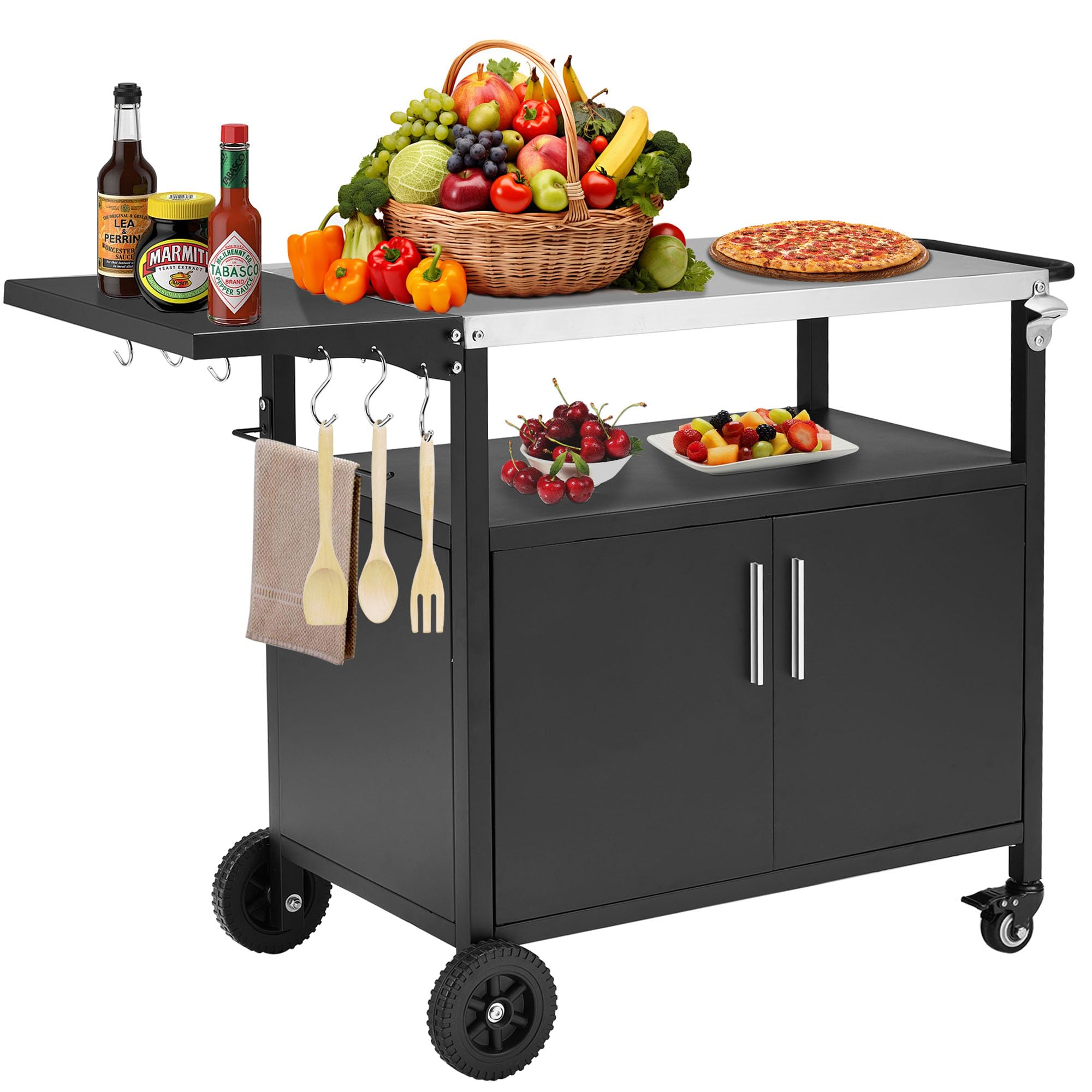 Portable Outdoor Grill Cart with Storage Cabinet - Movable BBQ Food Prep Table & Pizza Oven Stand for Backyard, Patio, Garden - Perfect for Outdoor Cooking, Entertaining & Storage Solutions
