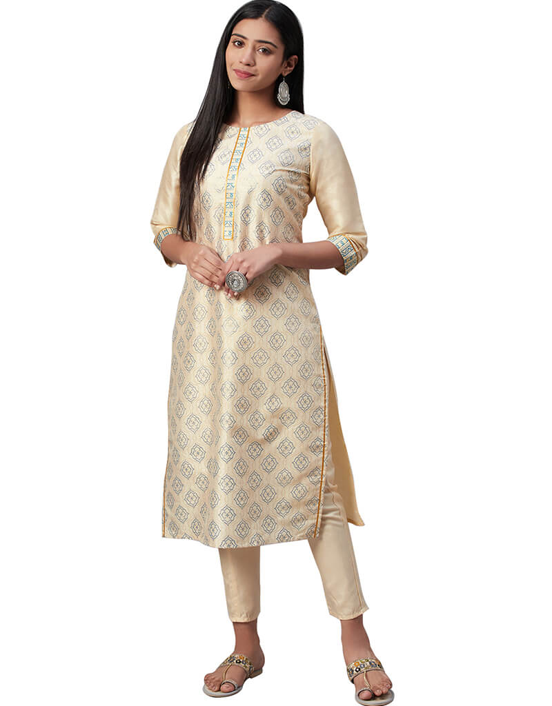 Beige Poly Silk Pant Kurti for Women - Elegant Indian Ethnic Wear for Festivals, Parties & Casual Outings