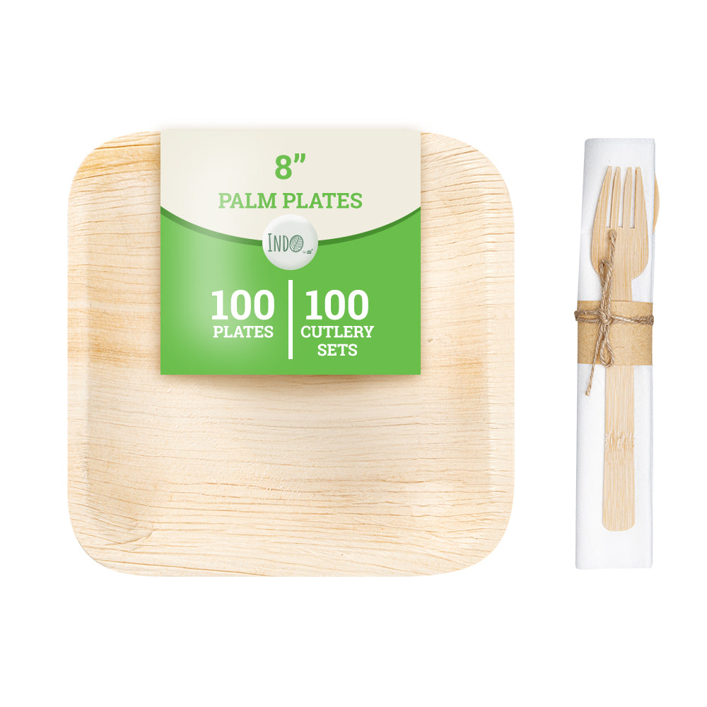 Eco-Friendly 100-Pack Natural Palm Leaf Plates & Bamboo Flatware Set - Biodegradable Disposable Dinnerware for Parties, Picnics, Weddings & Sustainable Events