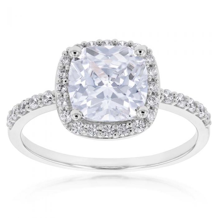 9ct White Gold 8mm Cushion Cut Cubic Zirconia Halo Engagement Ring - Perfect for Proposals, Anniversaries & Special Occasions