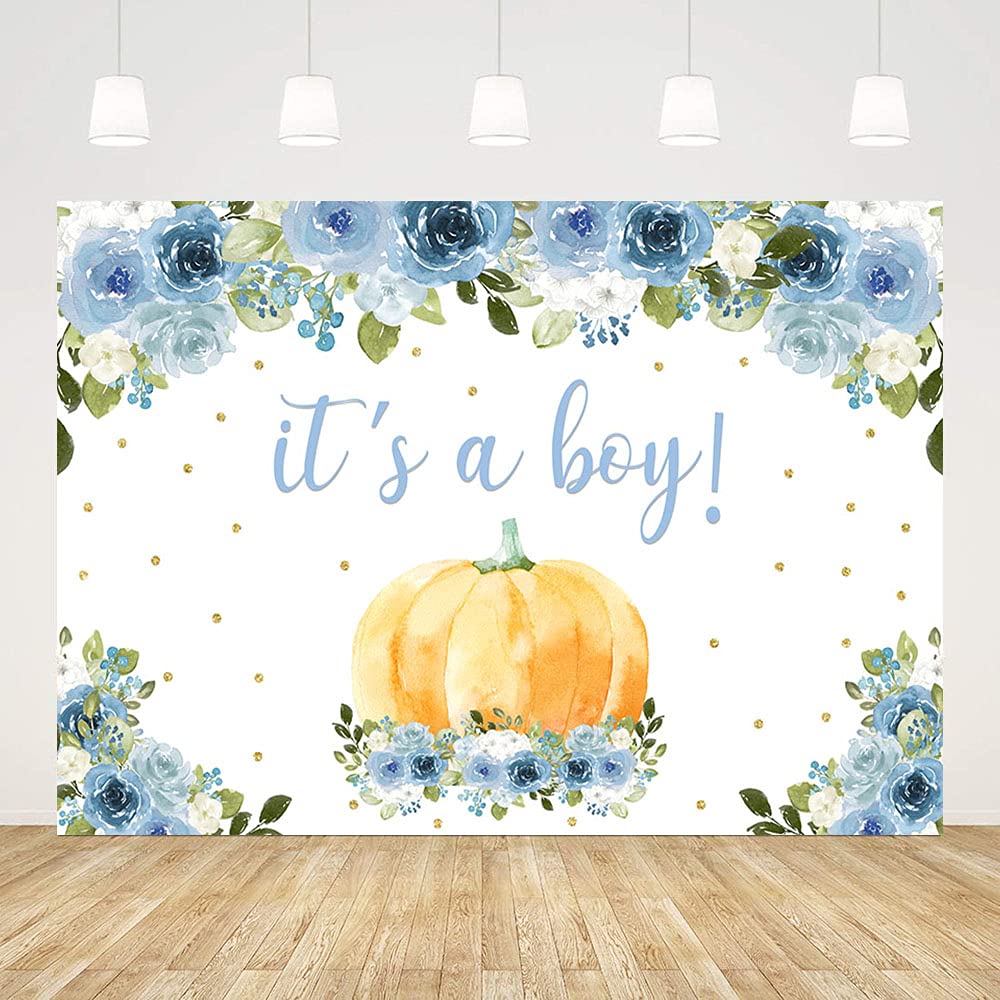 ABLIN 8x6ft Floral Blue Baby Shower Backdrop - It's a Boy Autumn Theme with Gold Pumpkins & Blue Roses - Perfect for Newborn Photo Booth, Gender Reveal Party Decorations and Fall-Themed Celebrations