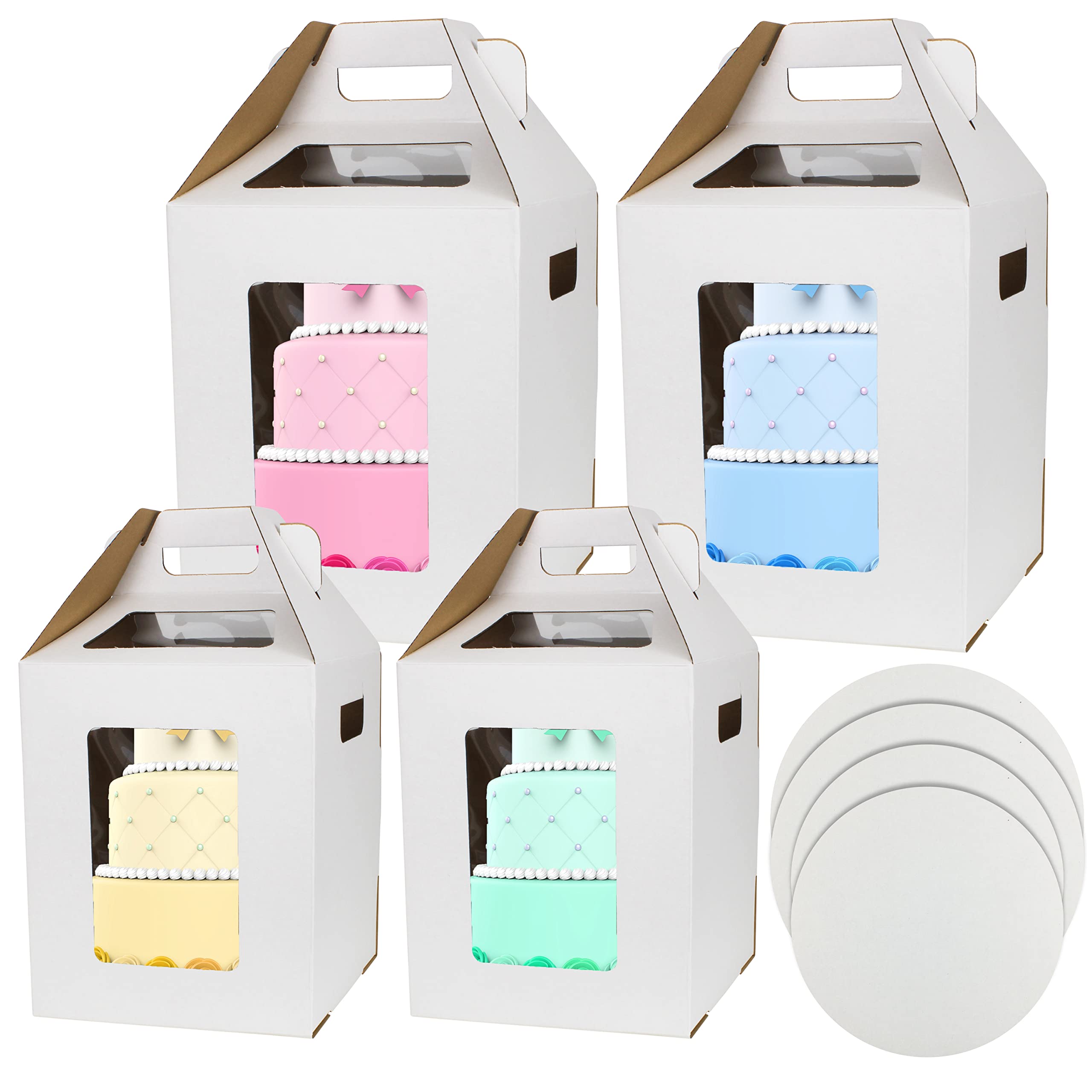 Premium Tall Cake Boxes with Clear Window & Sturdy Cake Boards - 10x10x12 & 12x12x14 Inch 2-Size Tiered Cake Carrier - Disposable Layer Cake Containers for Wedding, Birthday & Bakery Use (Pack of 4)