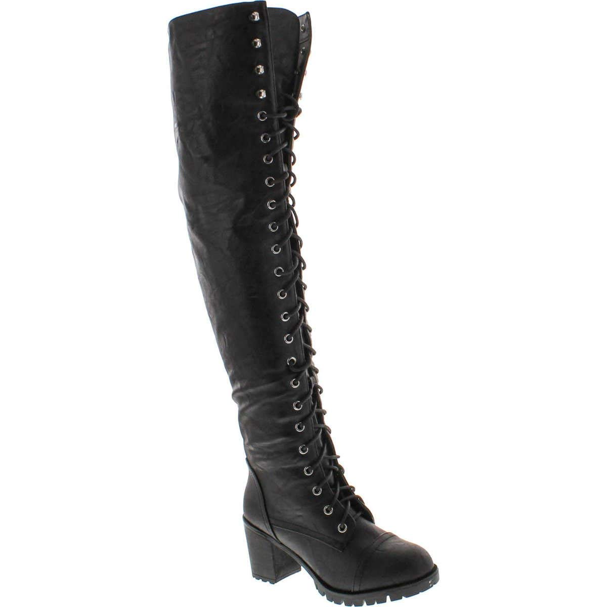 SHOEDEZIGNS Illusion 01 Women's Thigh High Lace Up Combat Boots with Chunky Heel - Gothic Fashion, Cosplay & Night Out Outfits