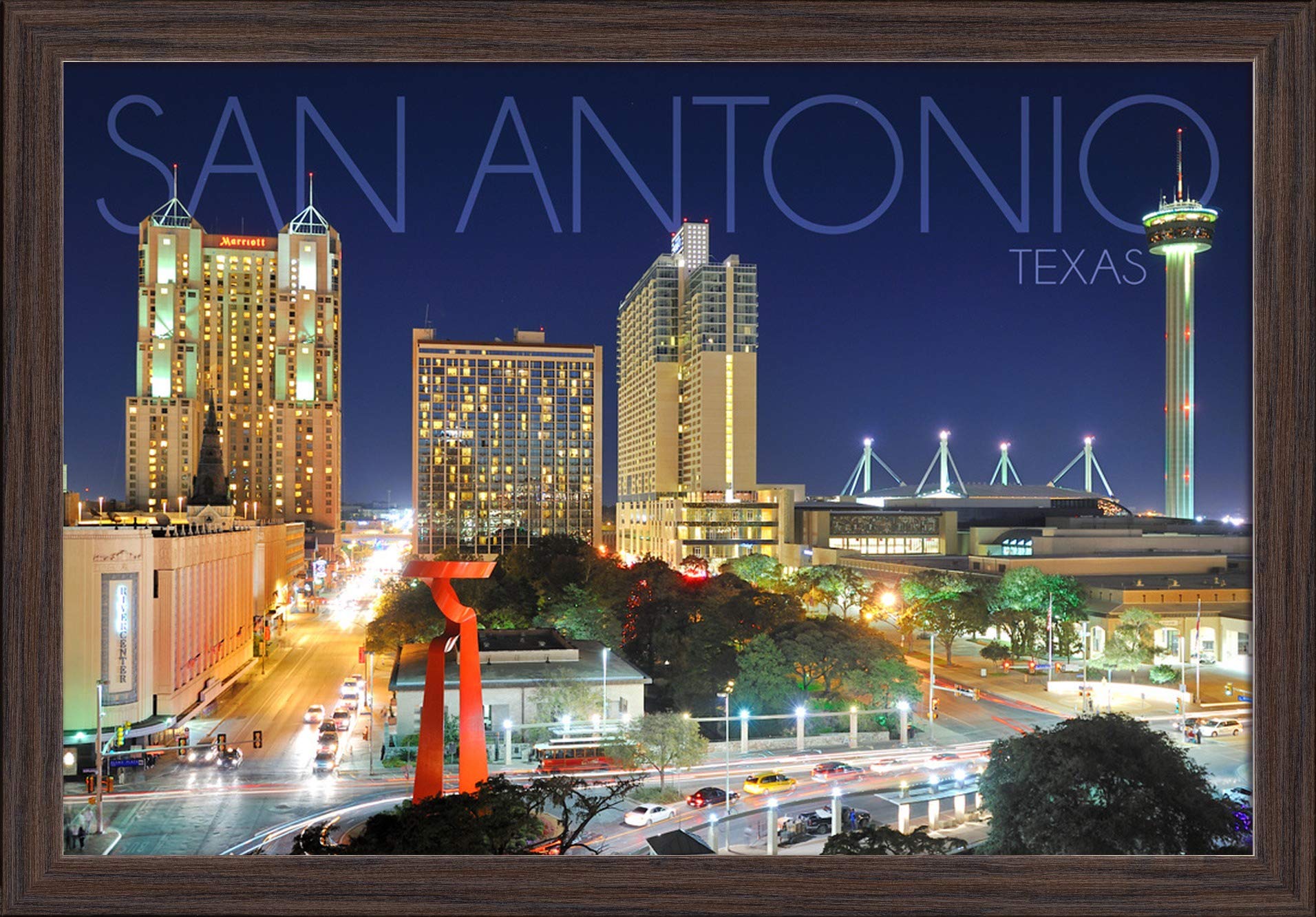 San Antonio Texas Skyline Night Art Print - 16x24 Giclee Fine Art with Recycled Wood Frame in Espresso Brown - Perfect for Home Office Wall Decor & Texas-Themed Gifts