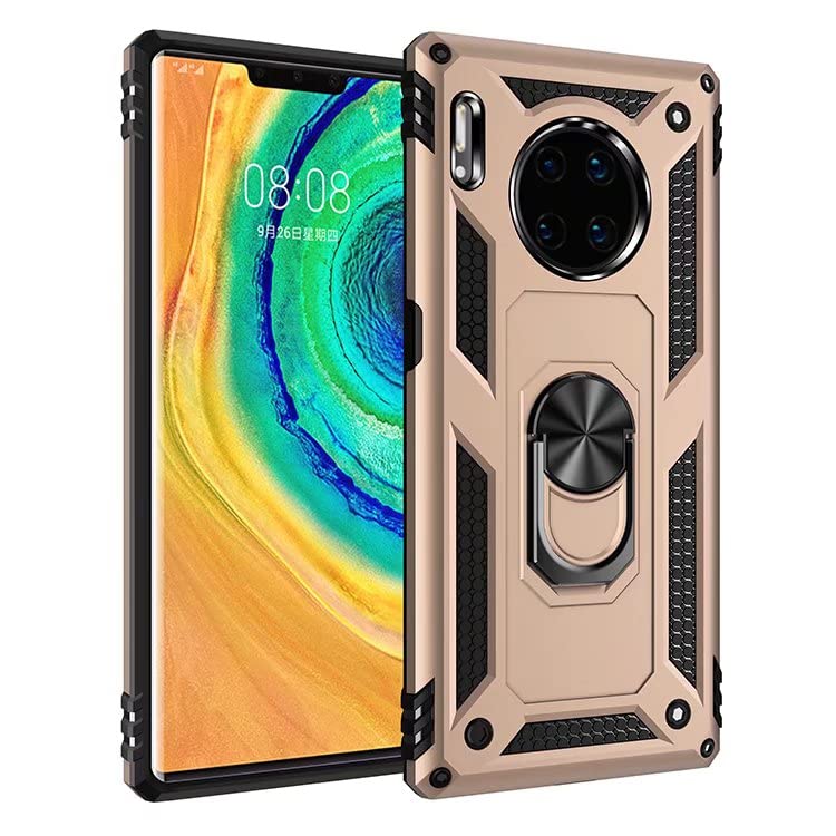Shockproof Armor Case for Huawei Mate 30 Pro - Heavy Duty Dual Layer Hybrid Protection with 360° Rotating Metal Ring Stand & Magnetic Car Mount Compatibility (Gold) | Perfect for Work, Travel & Everyday Use