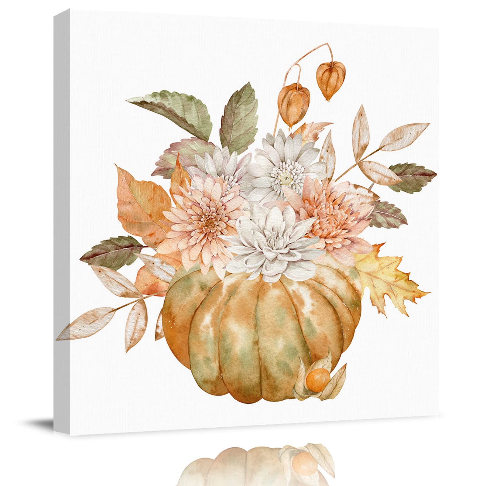 Chees D Zone Fall Pumpkin Floral Leaves Wall Art Canvas Prints - Thanksgiving Decor, Stretched Framed Oil Painting for Living Room, Bedroom, Kitchen (24x24In) | Perfect for Autumn Home Decor & Seasonal Thanksgiving Gifts