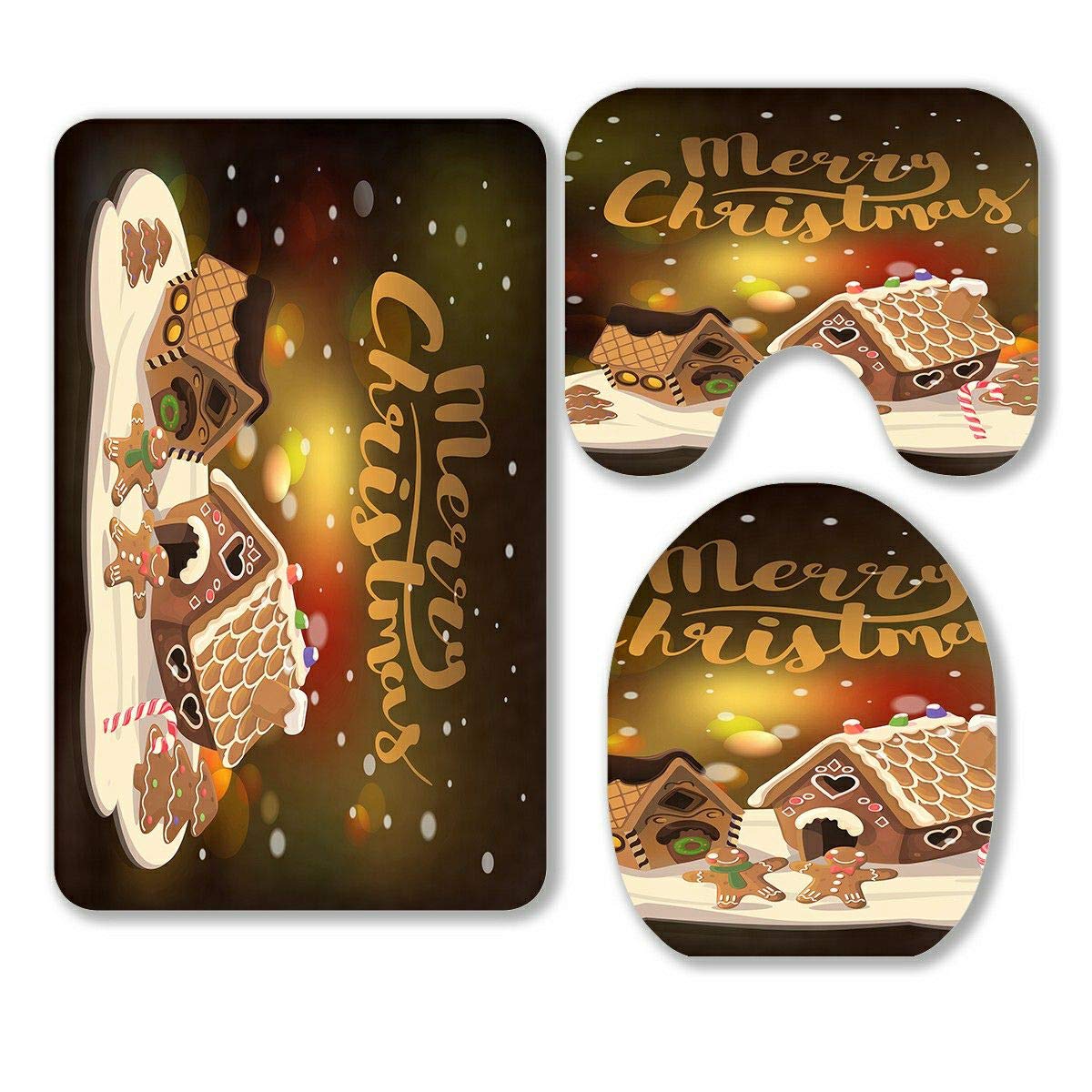 ECZJNT Christmas Gingerbread Houses Candy Little Men 3-Piece Bathroom Rug Set - Non-Slip Bath Mat, Contour Mat & Toilet Lid Cover for Holiday Decor | Festive Christmas Bathroom Decorations