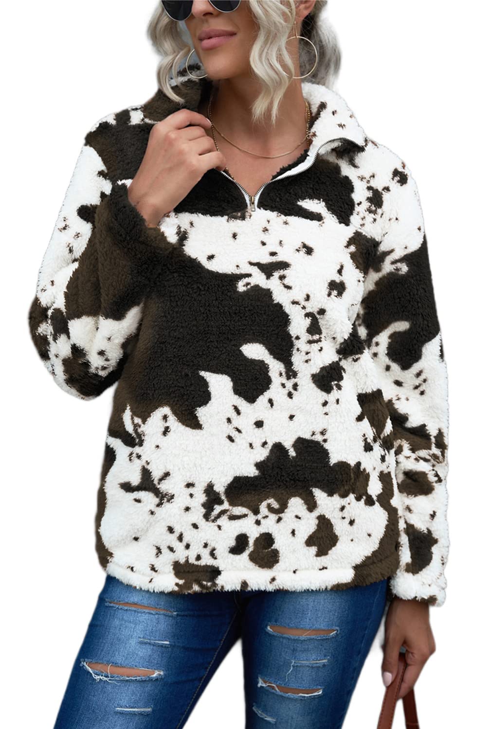 EARKOHA Women's Plus Size Long Sleeve Cow Print Fleece Jacket with Zip Collar - Warm Casual Outerwear for Fall, Winter & Outdoor Activities