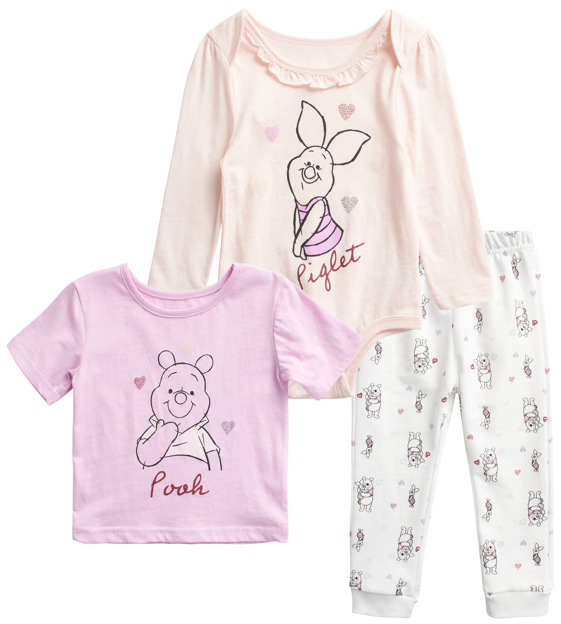 Disney Baby Girls' 3-Piece Pants Set - Minnie Mouse, Bambi & Winnie the Pooh Bodysuit, T-Shirt & Sweatpants (0-24 Months) | Cute Outfit for Playdates, Daycare & Family Photos