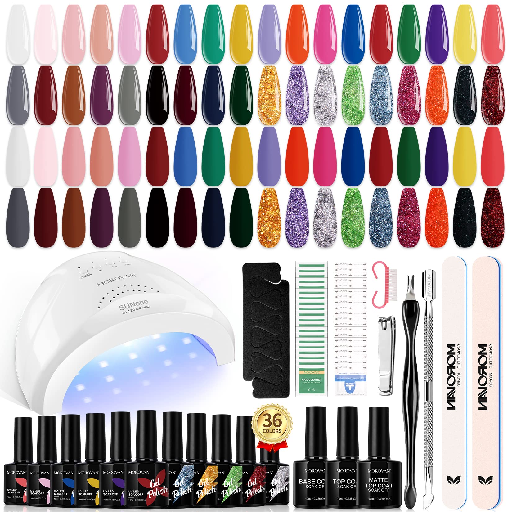 Morovan Professional UV Gel Nail Polish Kit - 36 Colors Soak Off Starter Set with Base & Top Coat, Glitter Polish Included | Perfect for Home Manicures, Salon Use & DIY Nail Art