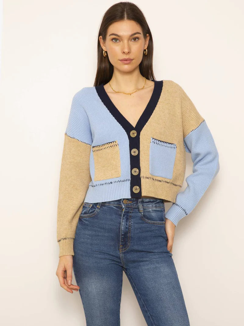 Casey Colorblock Cardigan Sweater for Women - Blue & Multi Color Knit Cardigan | Cozy Fall & Winter Layering, Office Wear, Casual Outfits