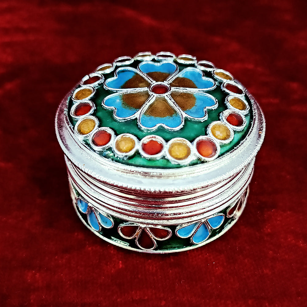 925 Sterling Silver Kumkum Box with Handcrafted Meenakari Art - Traditional Indian Vermilion Container for Pooja, Wedding & Home Decor (Design 24)