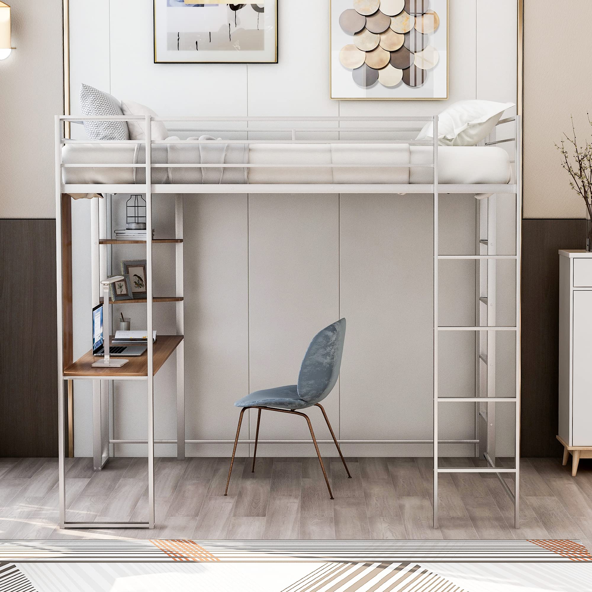 **AOCOROE Full Size Metal Loft Bed with Desk - Sturdy Frame, 2 Ladders & Guard Rails - 400 lbs Capacity - Perfect for Small Spaces, Dorms & Kids' Rooms**