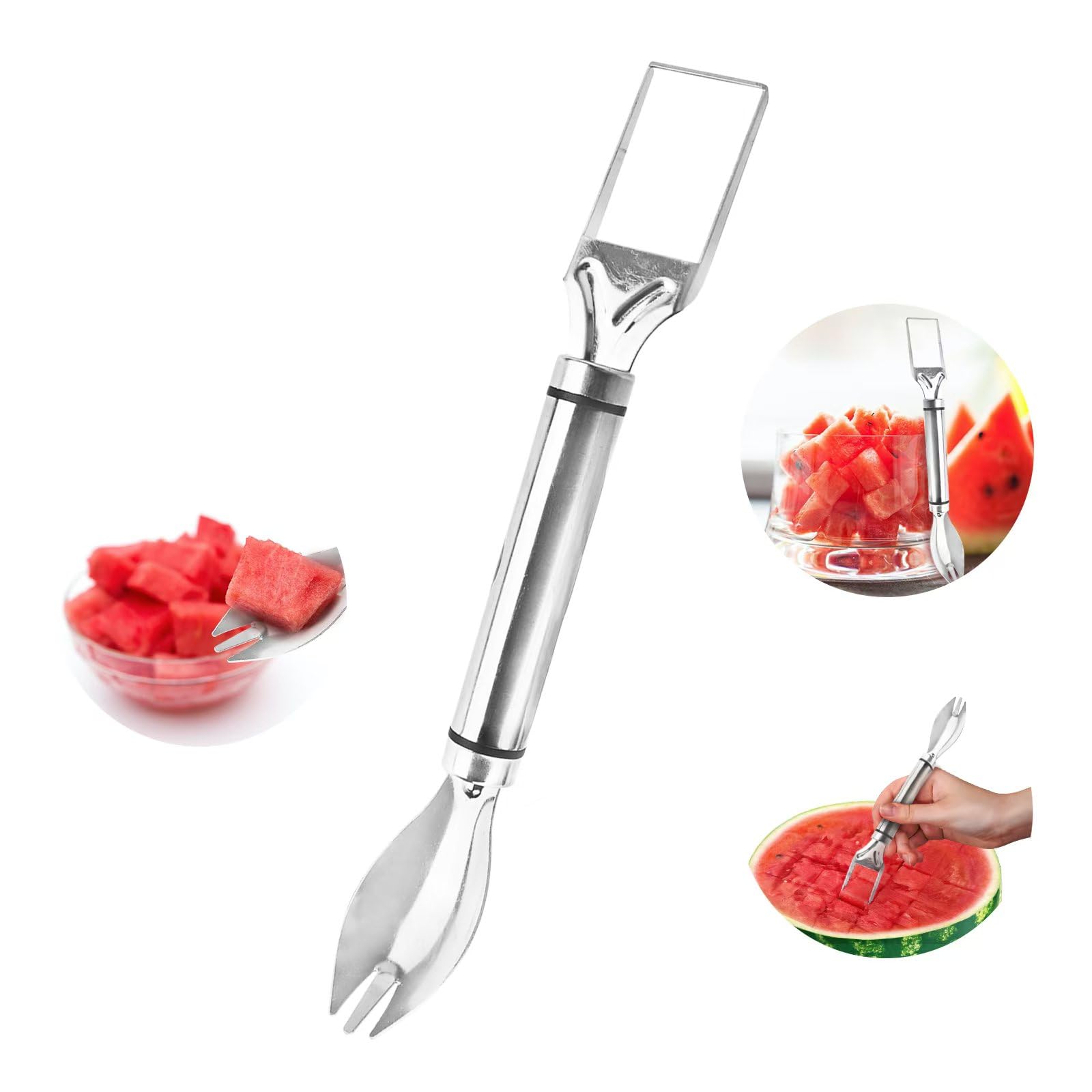 3-in-1 Stainless Steel Watermelon Slicer & Fruit Cutter Set with Fork, Spoon & Knife - Perfect for Camping, Picnics, BBQs & Outdoor Parties (1PC)