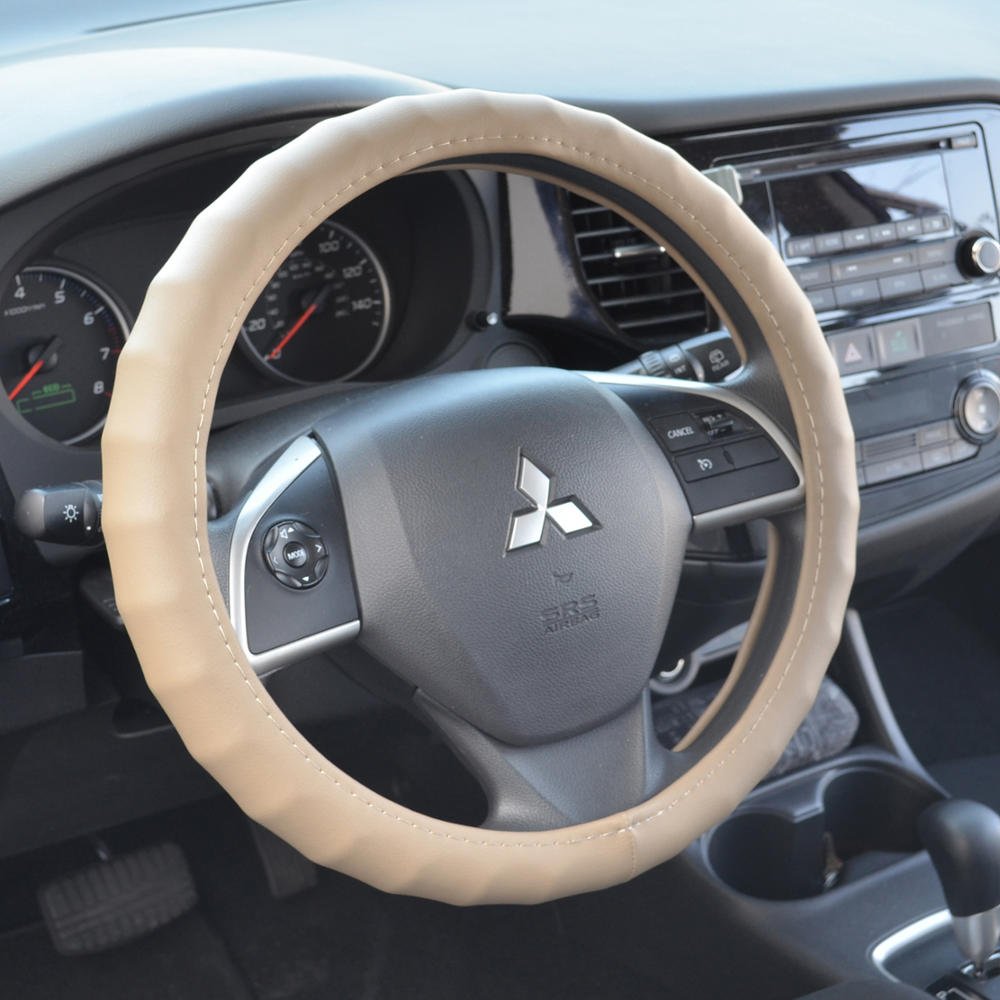 Premium BDK Beige Leather Steering Wheel Cover - Universal Fit 15.5