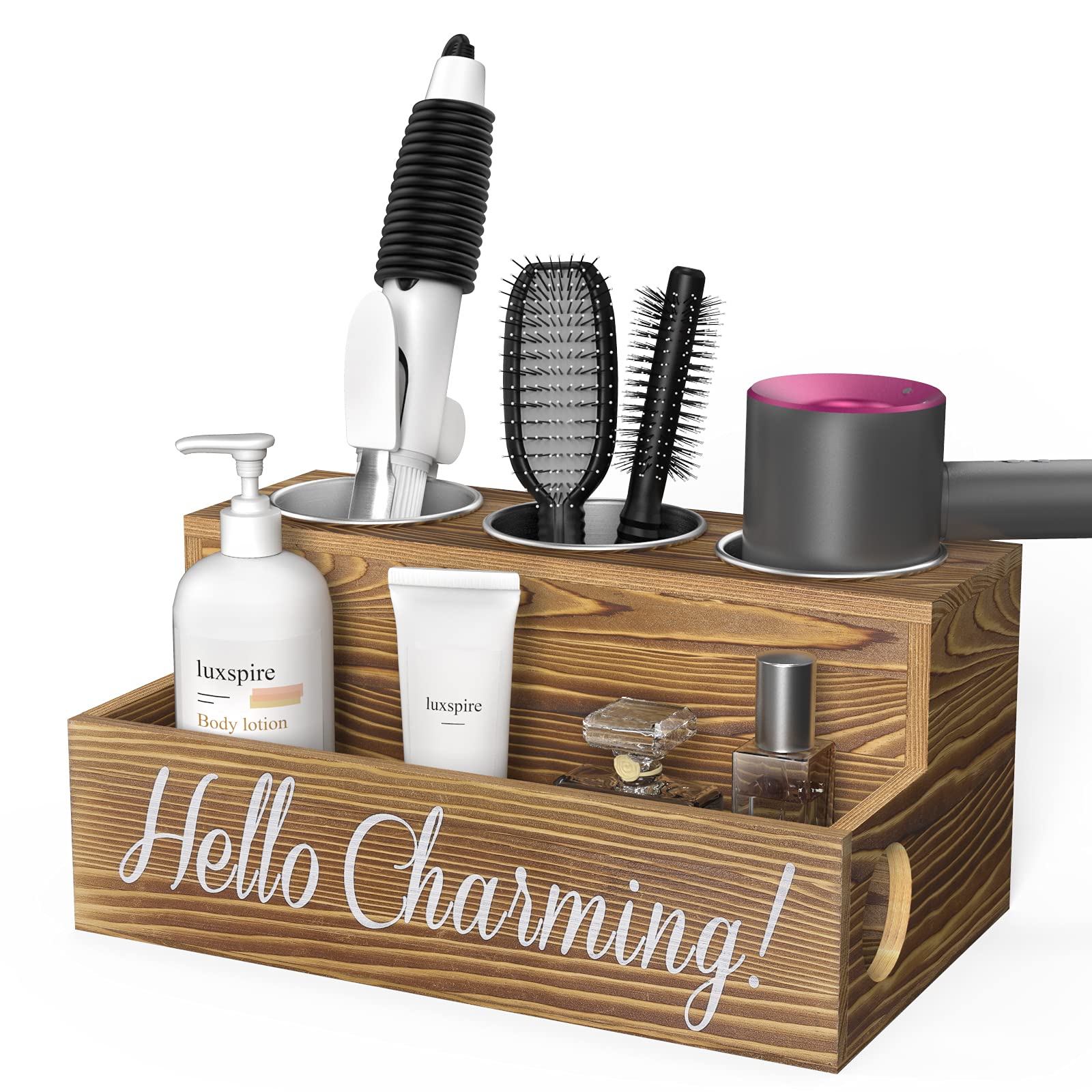 Luxspire Wooden Hair Tool Organizer - Rustic Farmhouse Bathroom Vanity Storage Tray for Blow Dryer, Curling Iron & Styling Accessories - Perfect for Countertop, Vanity & Bathroom Organization (Brown)