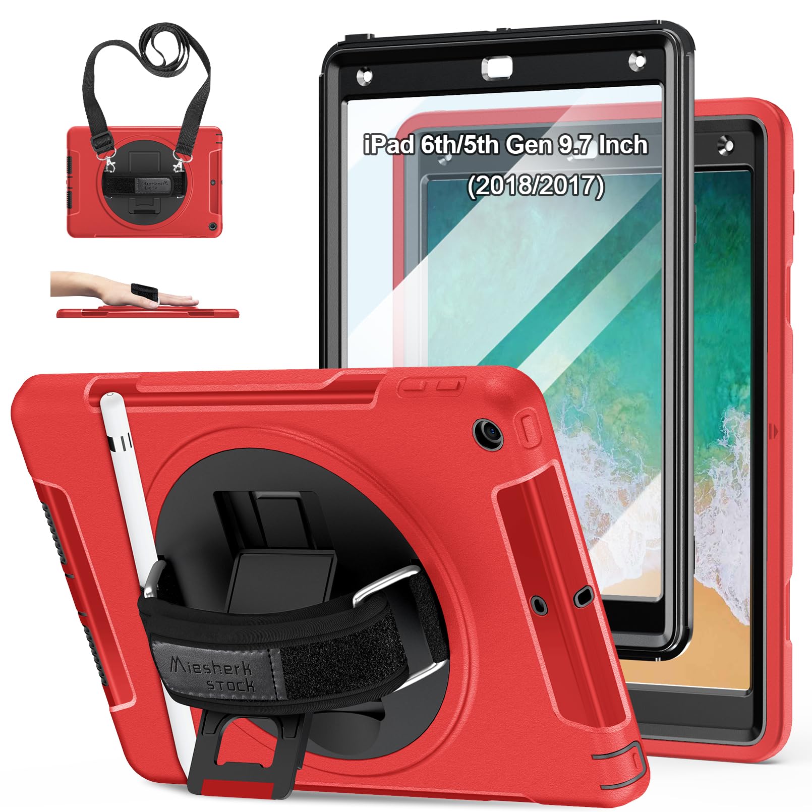 Premium Shockproof Case for iPad 6th/5th Gen & iPad Air 2 (9.7 Inch 2018/2017 Models) - Heavy Duty TPU Cover with Built-in Screen Protector, Stand, Handle, Shoulder Strap & Apple Pencil Holder (Red) - Perfect for Work, School, Travel & Outdoor Activities