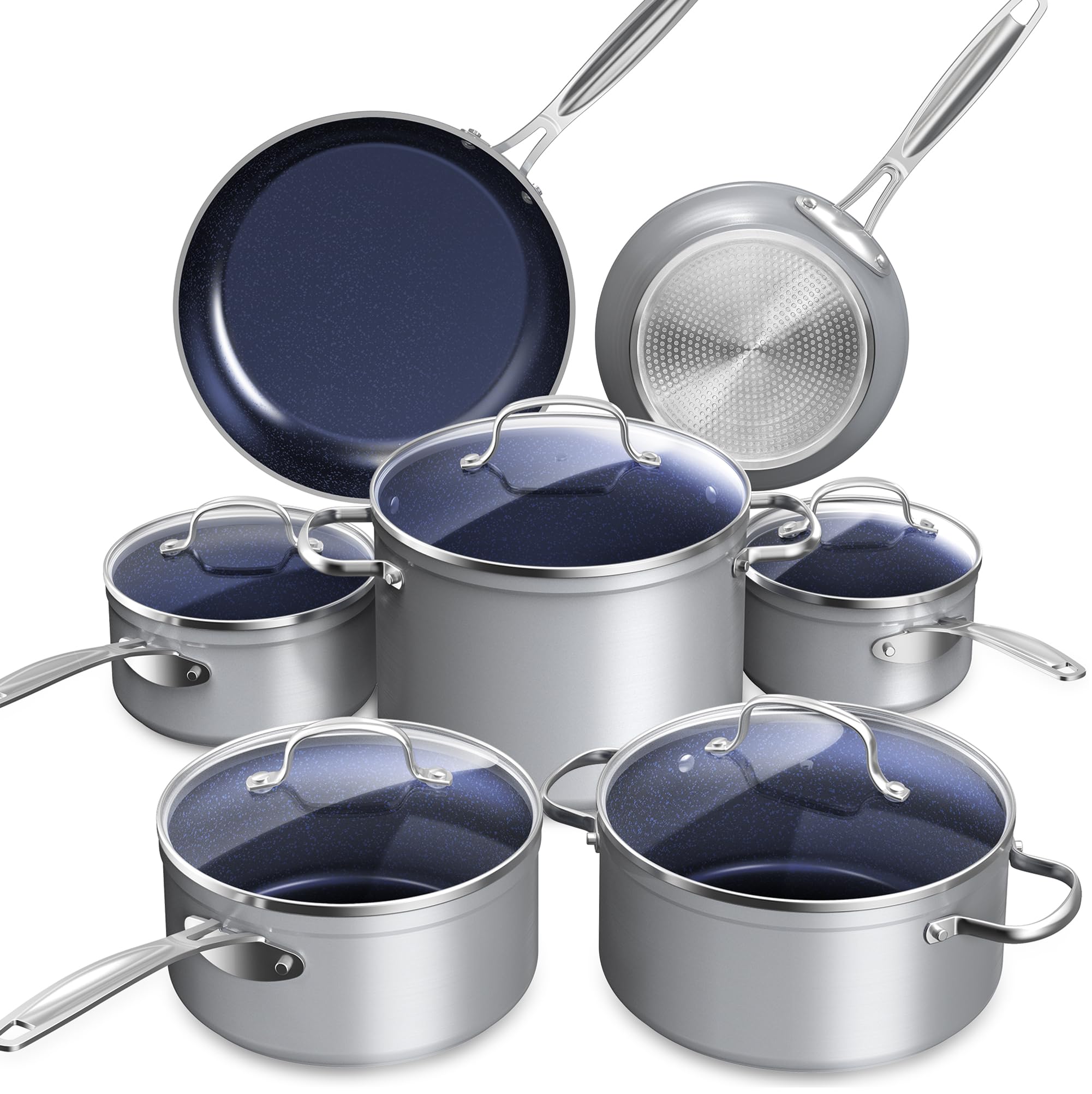 Nuwave Healthy Duralon Blue Ceramic Nonstick Cookware Set - Diamond Infused Scratch-Resistant PFAS Free Pots & Pans | Dishwasher & Oven Safe | Induction Compatible with Even Heating | Tempered Glass Lids & Stay-Cool Handles | Perfect for Healthy Cooking, Frying, Baking & Meal Prep