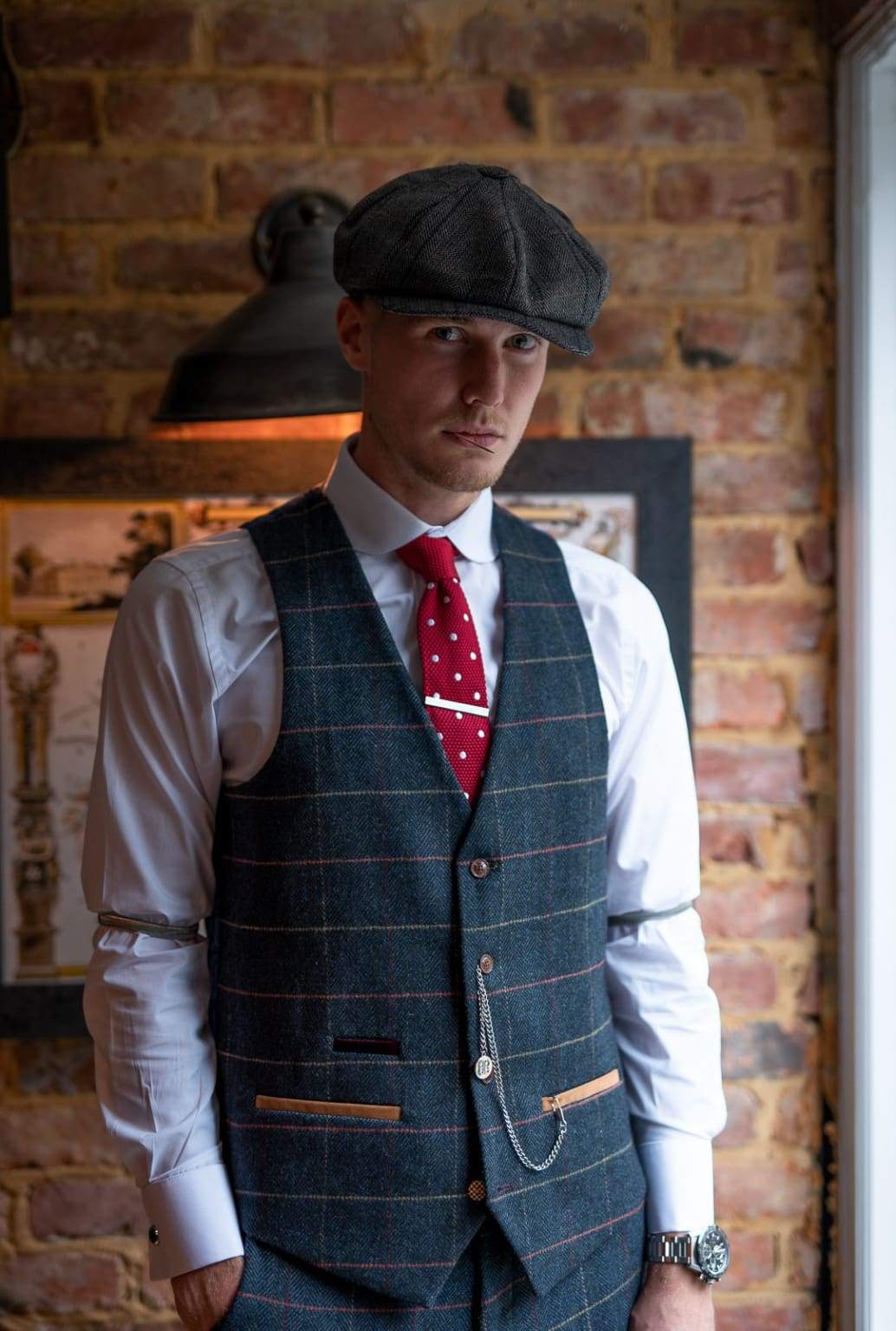 Marc Darcy Eton Men's Blue Slim Fit Tweed Check Suit Waistcoat Vest - Formal Business Attire for Weddings, Office & Special Occasions