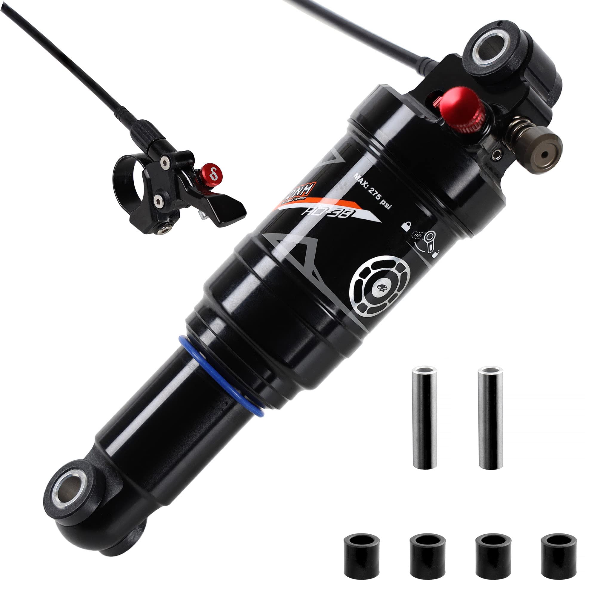 Premium DNM Mountain Bike Rear Shock - Adjustable Rebound, Remote Lockout & Air Compression - AL 7075 Shaft & 6061 Body with Extra Bushing Hardware - Ideal for Trail Riding, Downhill & MTB Upgrades