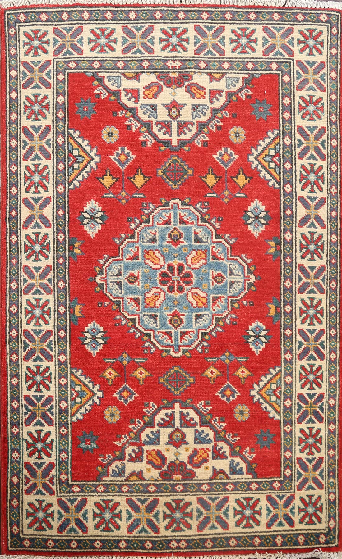 Hand-Knotted Red Geometric Oriental Wool Area Rug 3x4 ft (2'8