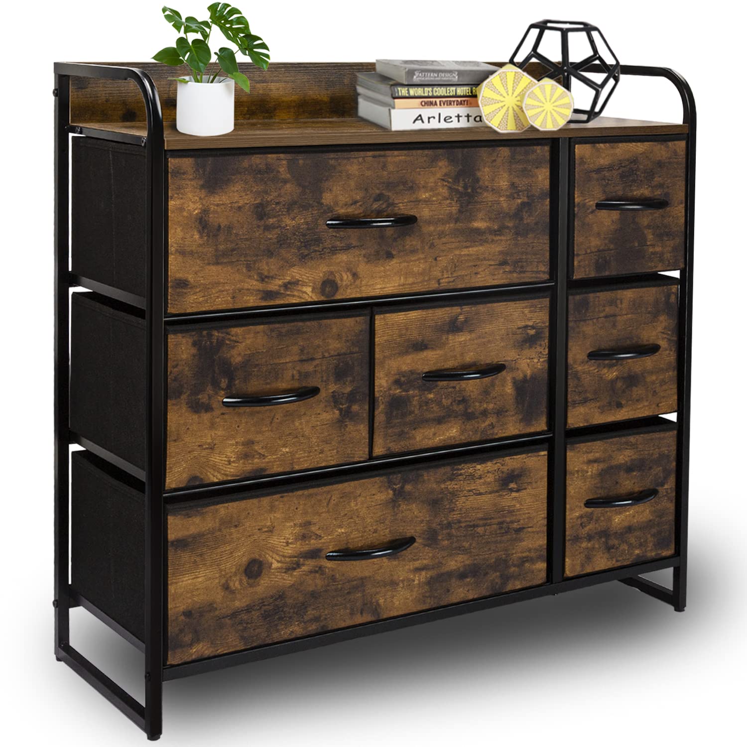 CERBIOR 7-Drawer Dresser Storage Organizer - Sturdy Steel Frame with Wood Top & Easy Pull Fabric Bins for Clothes, Blankets, Toys - Rustic Brown - Perfect for Bedroom, Closet, Nursery & Home Organization